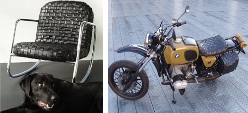 Poltroncina e accessori per motocicletta fatti con vecchie camere d'aria